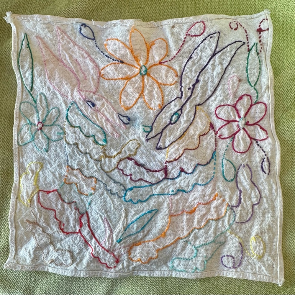 Otomi Hand Embroidered Rabbit Deer Mexico Folk Art Textile Vintage  7”x6” - Picture 2 of 6